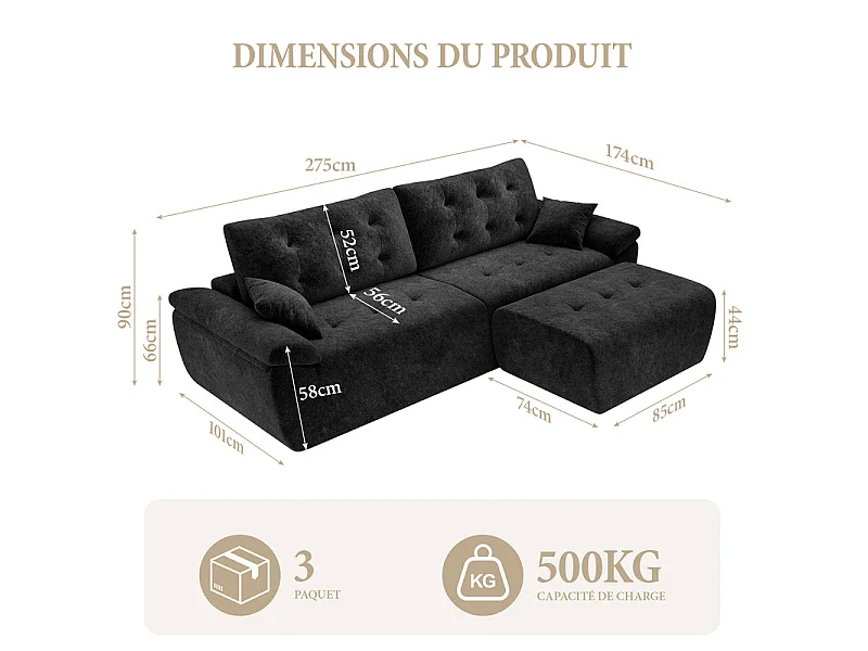 Canapé d'angle modulable en tissu chenille, 3/4 places, avec pouf et 2 oreillers, 275x174x90cm, Noir