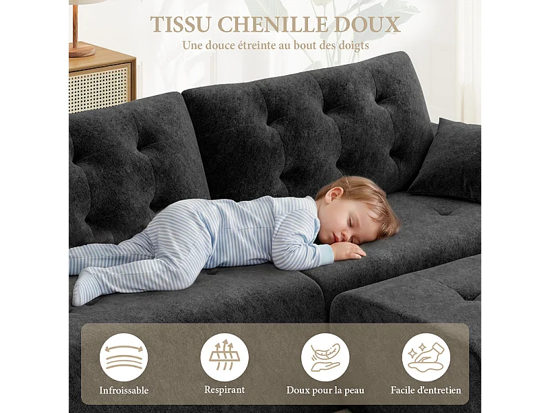 Canapé d'angle modulable en tissu chenille, 3/4 places, avec pouf et 2 oreillers, 275x174x90cm, Noir