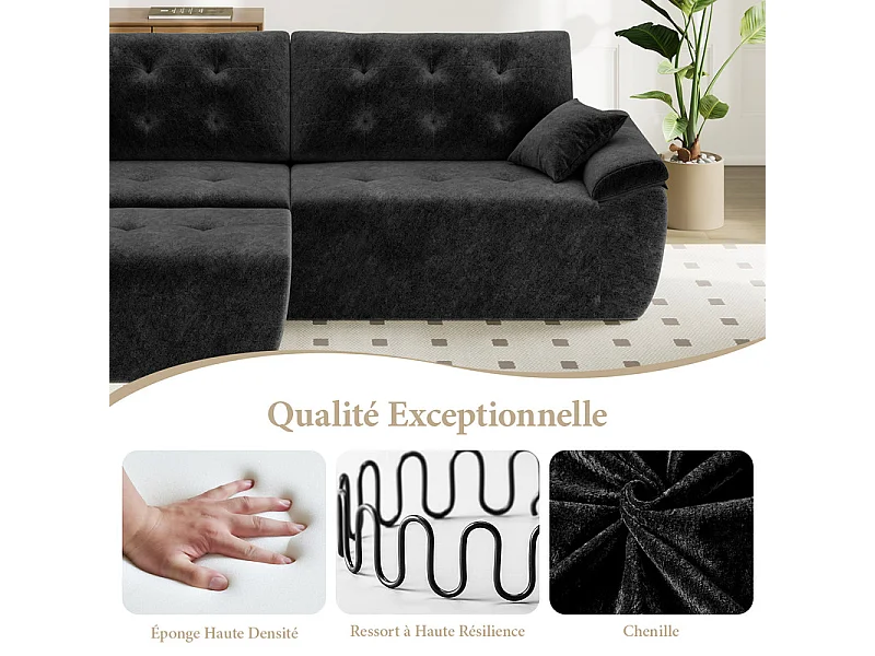 Canapé d'angle modulable en tissu chenille, 3/4 places, avec pouf et 2 oreillers, 275x174x90cm, Noir