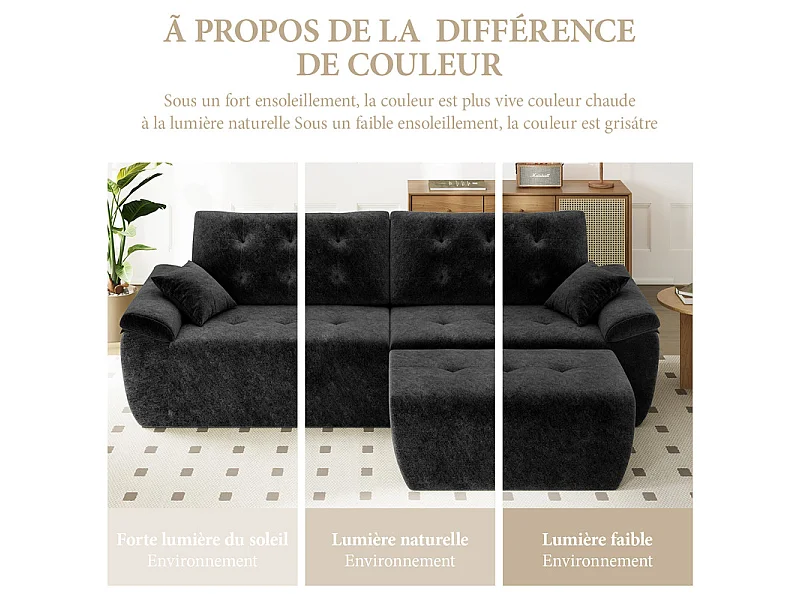 Canapé d'angle modulable en tissu chenille, 3/4 places, avec pouf et 2 oreillers, 275x174x90cm, Noir