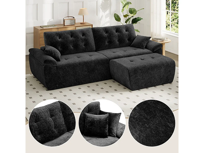 Canapé d'angle modulable en tissu chenille, 3/4 places, avec pouf et 2 oreillers, 275x174x90cm, Noir