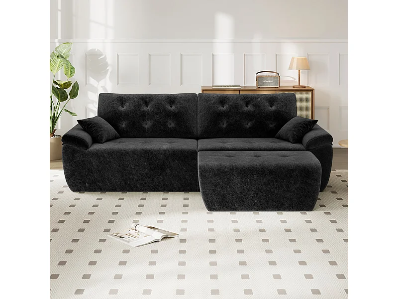 Canapé d'angle modulable en tissu chenille, 3/4 places, avec pouf et 2 oreillers, 275x174x90cm, Noir