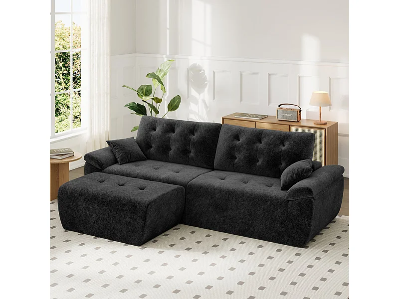 Canapé d'angle modulable en tissu chenille, 3/4 places, avec pouf et 2 oreillers, 275x174x90cm, Noir