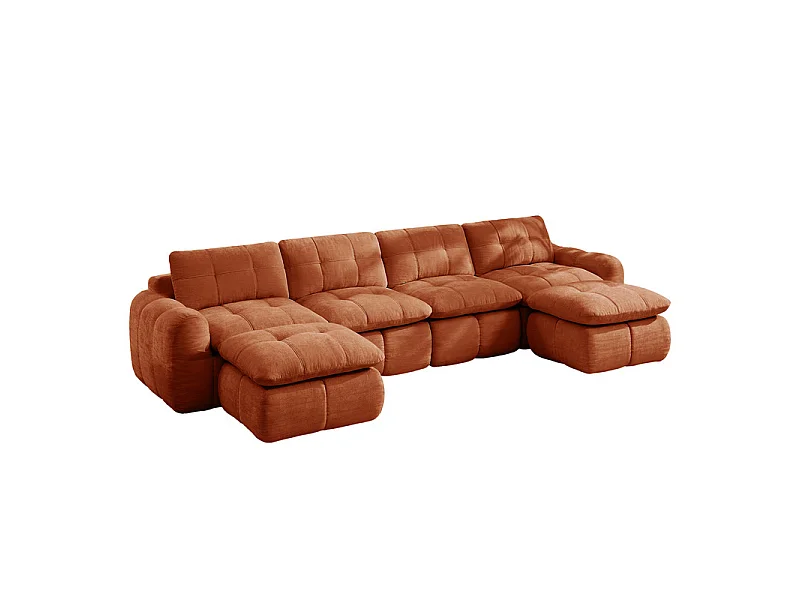 Sofá esquinero panorámico modular en tela chenilla, con 2 puf, 334x160x68cm, Naranja