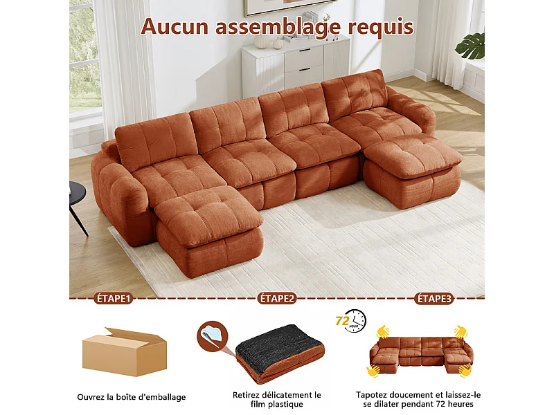 Sofá esquinero panorámico modular en tela chenilla, con 2 puf, 334x160x68cm, Naranja