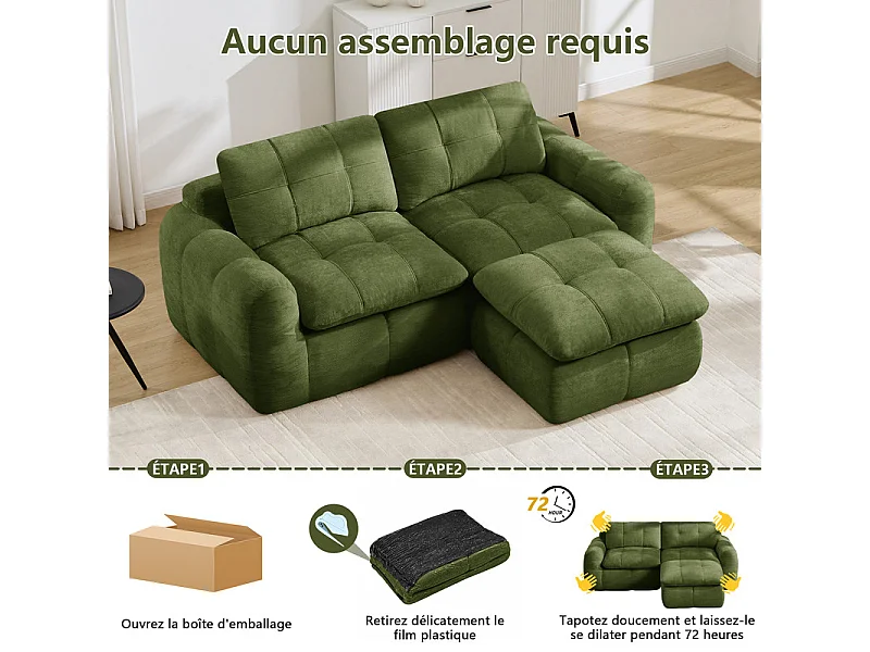 Modulaire hoekbank in chenillestof, met poef, 194x160x68cm, Groen