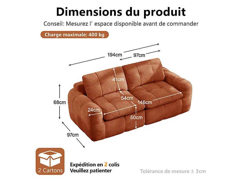 Sofá 2 plazas modular en tela chenilla naranja, con cojín asiento y respaldo, 194x97x68cm