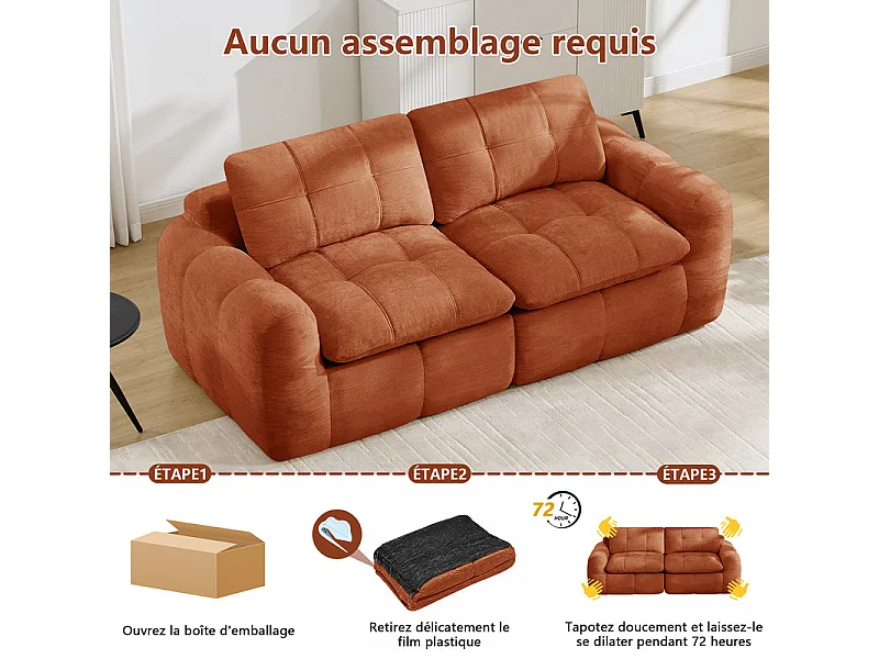 Sofá 2 plazas modular en tela chenilla naranja, con cojín asiento y respaldo, 194x97x68cm