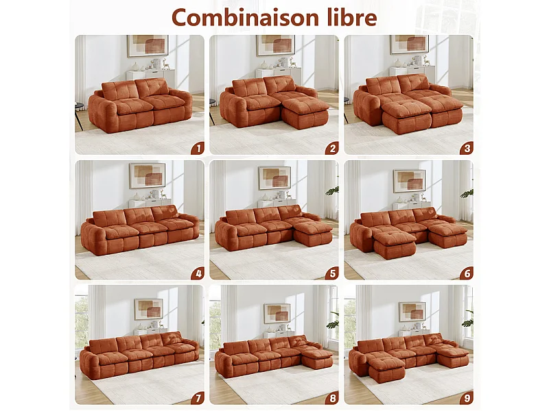 Sofá 2 plazas modular en tela chenilla naranja, con cojín asiento y respaldo, 194x97x68cm