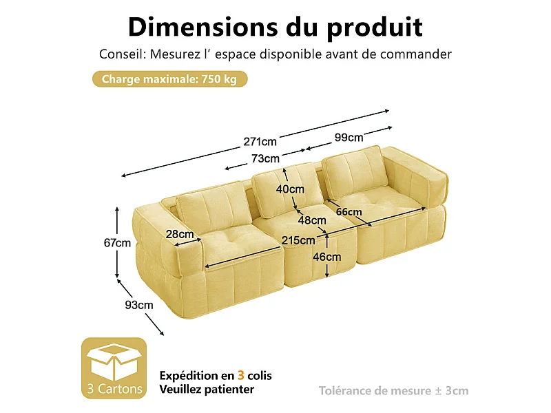Canapé 3 places modulable en tissu jaune, avec base antidérapante et larges accoudoirs, 271x93x67cm