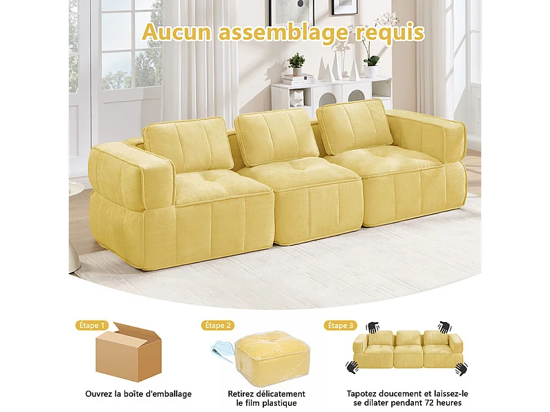 Canapé 3 places modulable en tissu jaune, avec base antidérapante et larges accoudoirs, 271x93x67cm