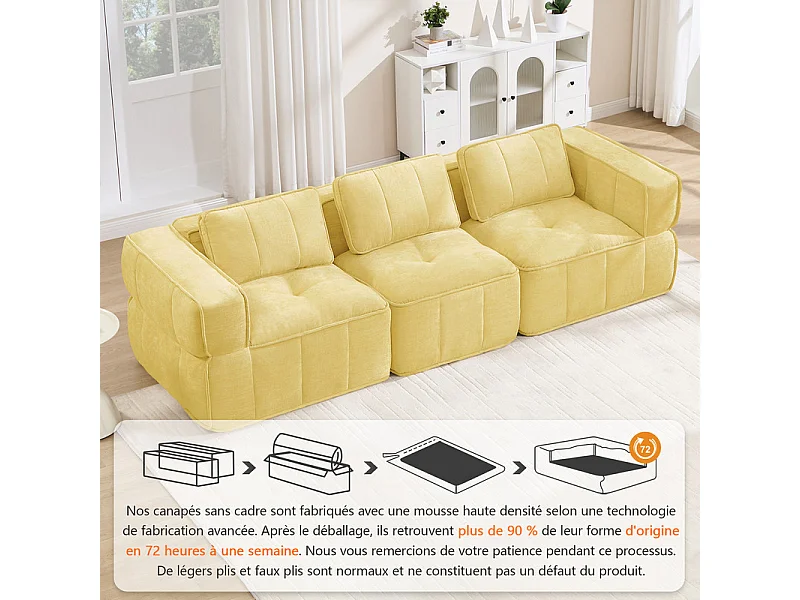 Canapé 3 places modulable en tissu jaune, avec base antidérapante et larges accoudoirs, 271x93x67cm