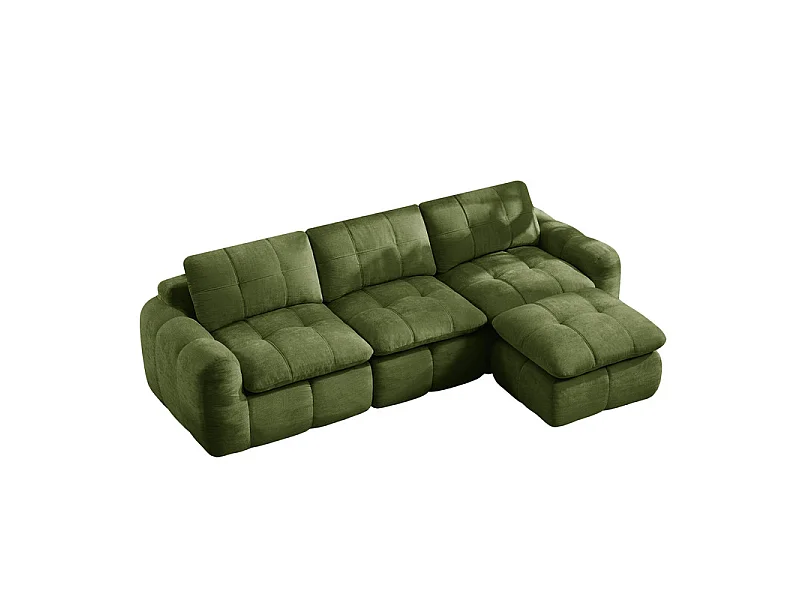 Sofá 3 plazas esquinero modular en tela chenilla, con puf, 264x160x68cm, Verde