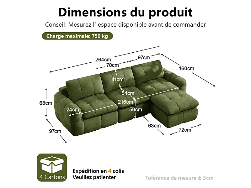Sofá 3 plazas esquinero modular en tela chenilla, con puf, 264x160x68cm, Verde