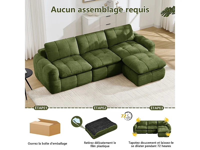 Sofá 3 plazas esquinero modular en tela chenilla, con puf, 264x160x68cm, Verde