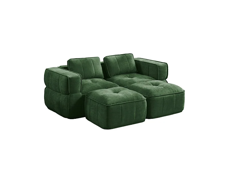 Sofá esquinero modular en tela, 2 plazas, con 2 puf, 198x162x67cm, Verde