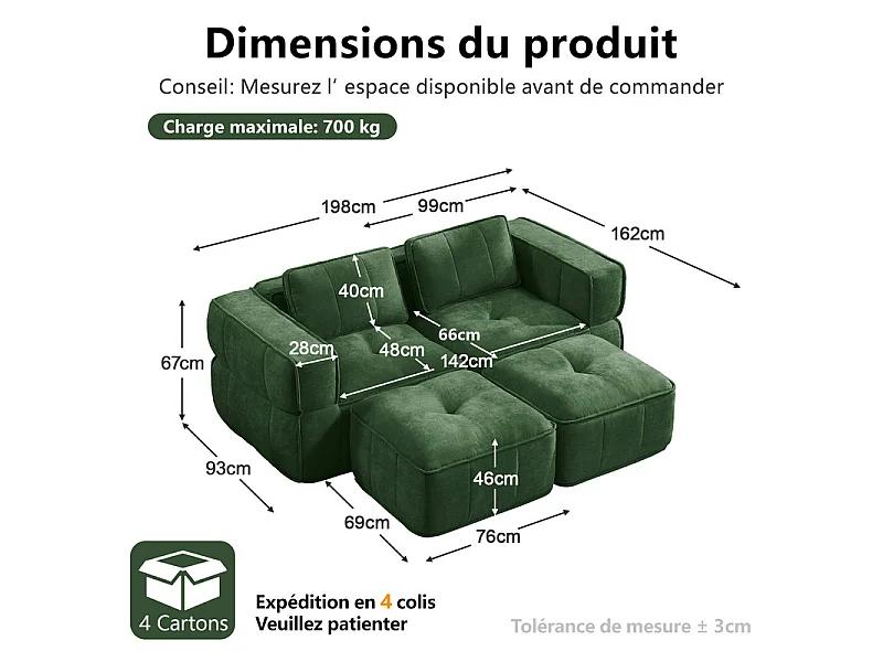 Sofá esquinero modular en tela, 2 plazas, con 2 puf, 198x162x67cm, Verde