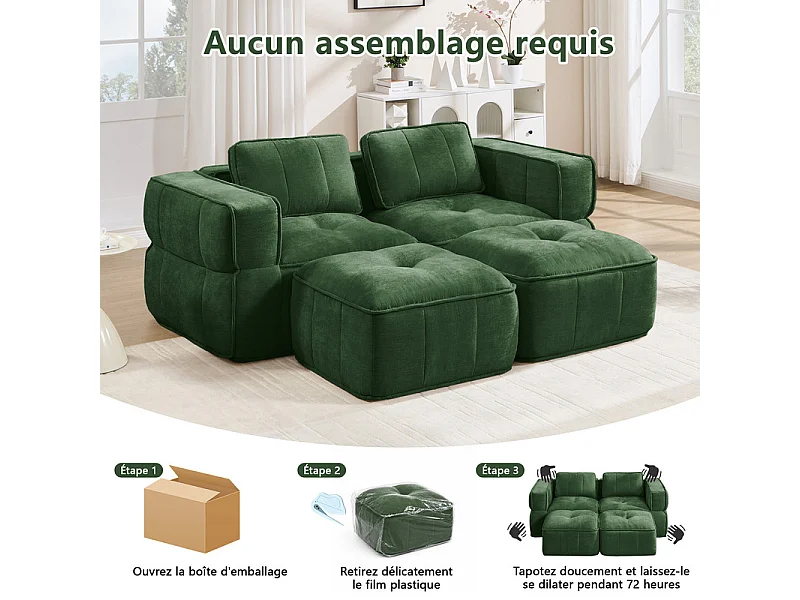Sofá esquinero modular en tela, 2 plazas, con 2 puf, 198x162x67cm, Verde