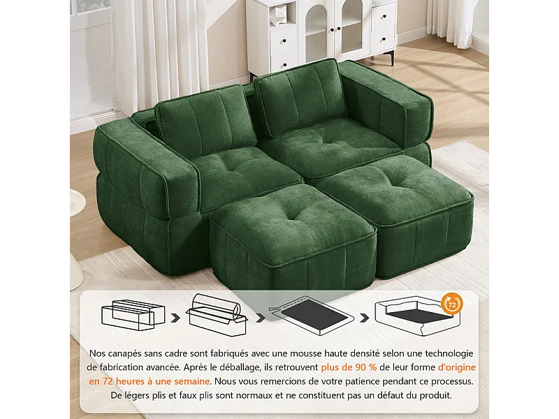Sofá esquinero modular en tela, 2 plazas, con 2 puf, 198x162x67cm, Verde