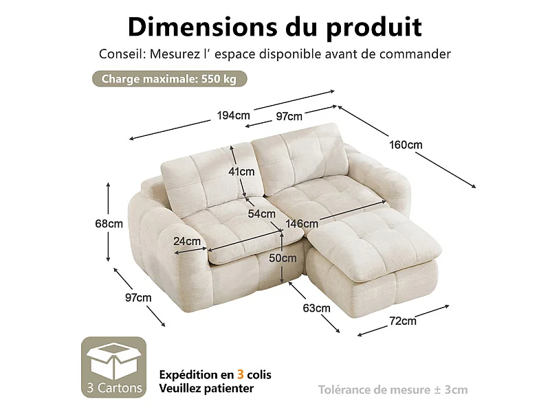 Modulaire hoekbank in chenillestof, met poef, 194x160x68cm, Beige