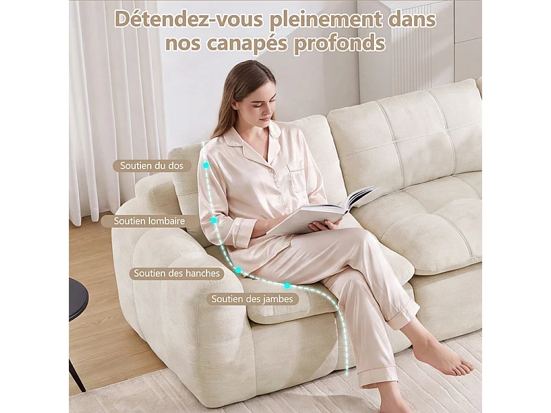 Modulaire hoekbank in chenillestof, met poef, 194x160x68cm, Beige