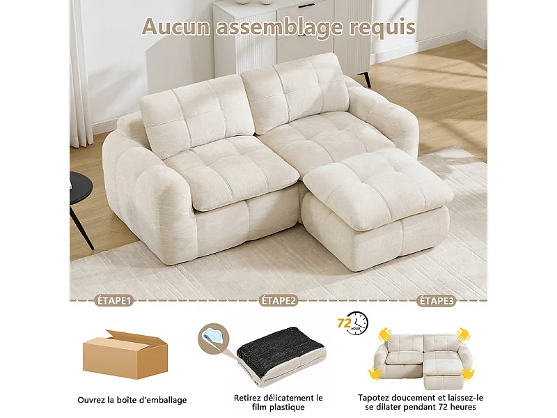 Modulaire hoekbank in chenillestof, met poef, 194x160x68cm, Beige