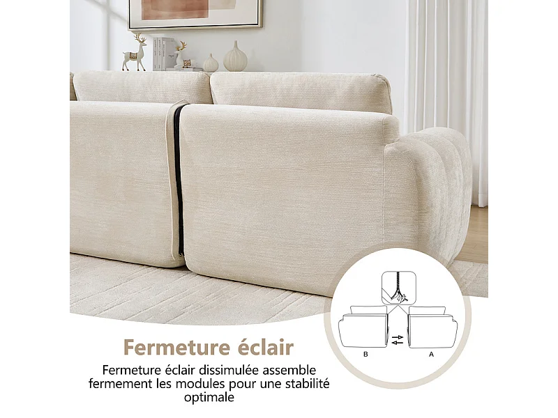 Modulaire hoekbank in chenillestof, met poef, 194x160x68cm, Beige