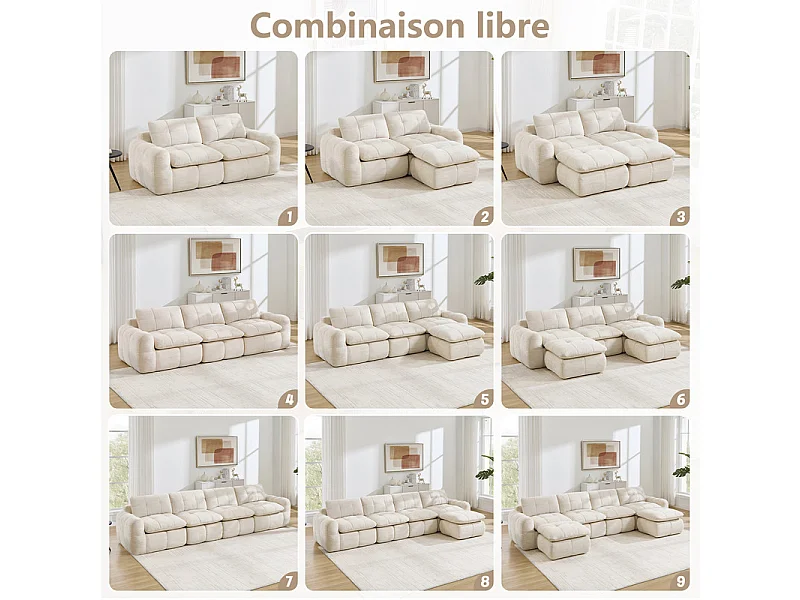 Modulaire hoekbank in chenillestof, met poef, 194x160x68cm, Beige