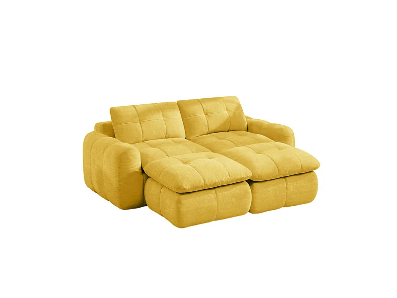 Modulaire 2-zits hoekbank in chenillestof, met 2 poefs, 194x160x68cm, Geel