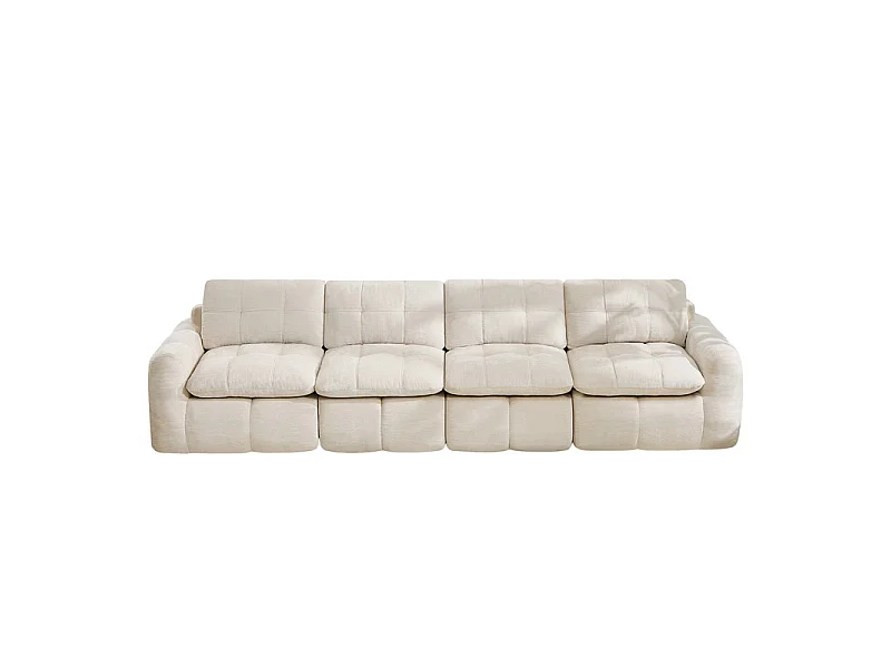 Sofá 4 plazas modular en tela chenilla beige, con cojín asiento y respaldo, 334x97x68cm