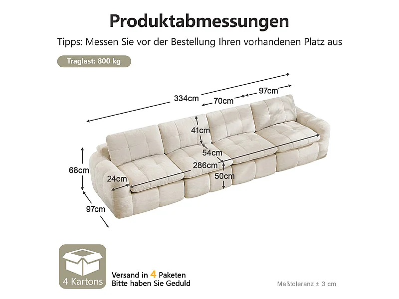 Sofá 4 plazas modular en tela chenilla beige, con cojín asiento y respaldo, 334x97x68cm