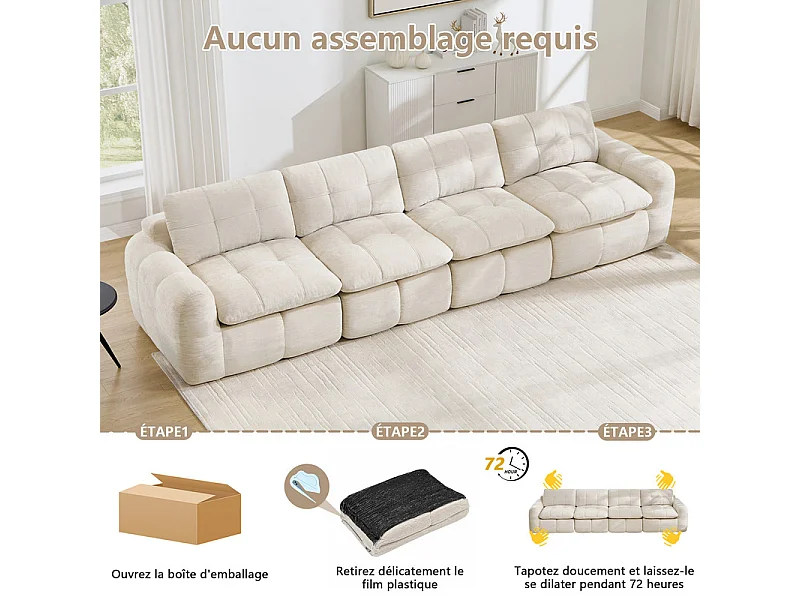 Sofá 4 plazas modular en tela chenilla beige, con cojín asiento y respaldo, 334x97x68cm