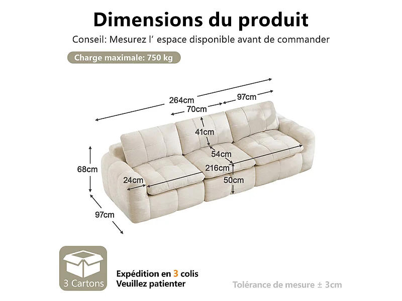 Modulaire 3-zits bank in beige chenillestof, met zitkussen en rugleuning, 264x97x68cm