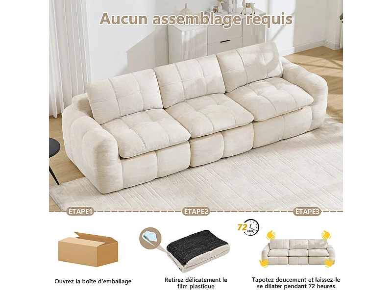 Modulaire 3-zits bank in beige chenillestof, met zitkussen en rugleuning, 264x97x68cm