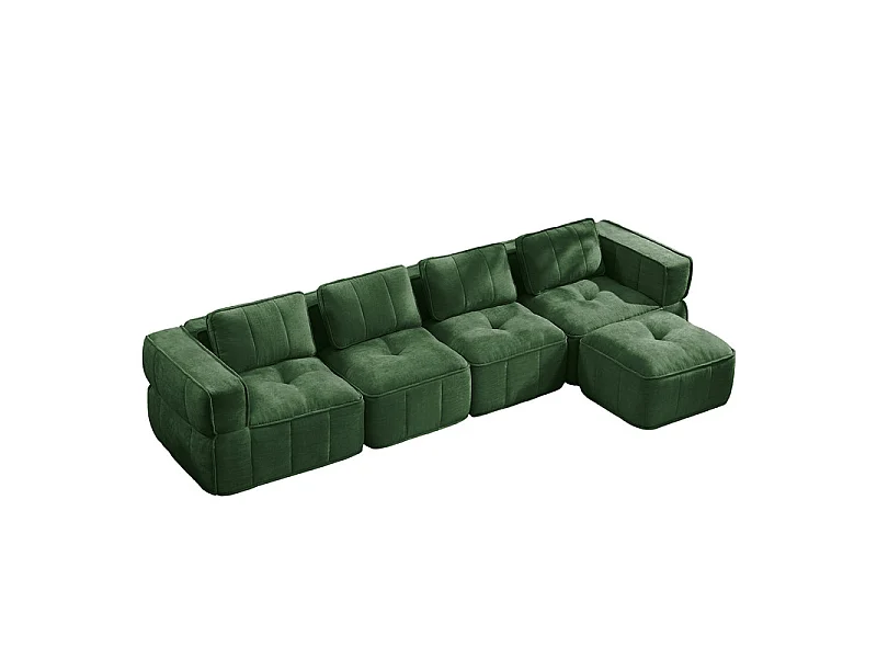 Sofá esquinero modular en tela, 4 plazas, con puf, 344x162x67cm, Verde