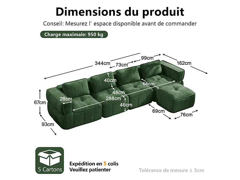 Sofá esquinero modular en tela, 4 plazas, con puf, 344x162x67cm, Verde