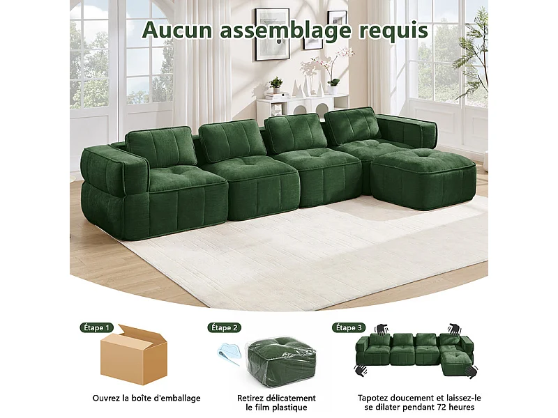 Sofá esquinero modular en tela, 4 plazas, con puf, 344x162x67cm, Verde