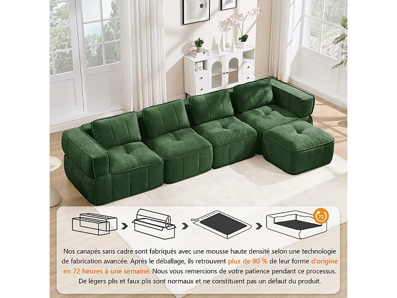 Sofá esquinero modular en tela, 4 plazas, con puf, 344x162x67cm, Verde