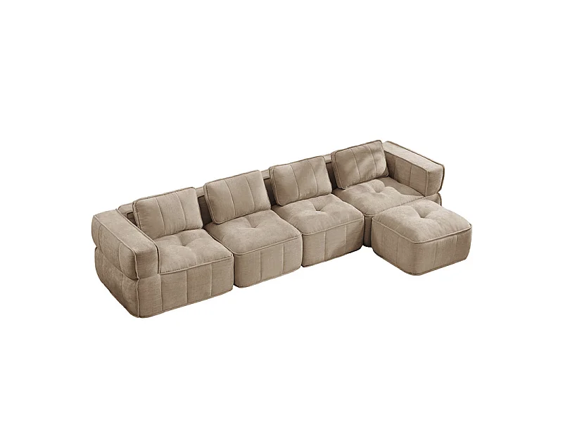 Sofá esquinero modular en tela, 4 plazas, con puf, 344x162x67cm, Marrón