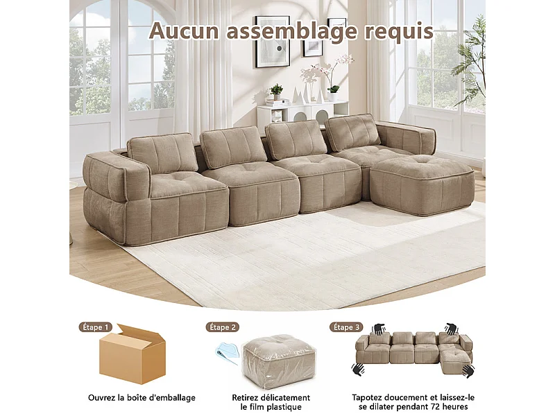 Sofá esquinero modular en tela, 4 plazas, con puf, 344x162x67cm, Marrón