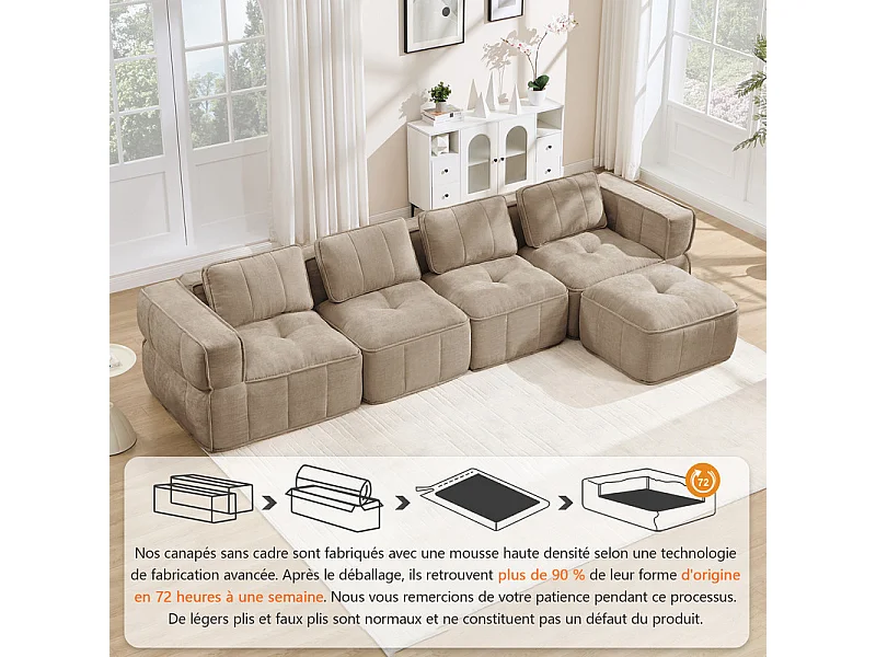 Sofá esquinero modular en tela, 4 plazas, con puf, 344x162x67cm, Marrón