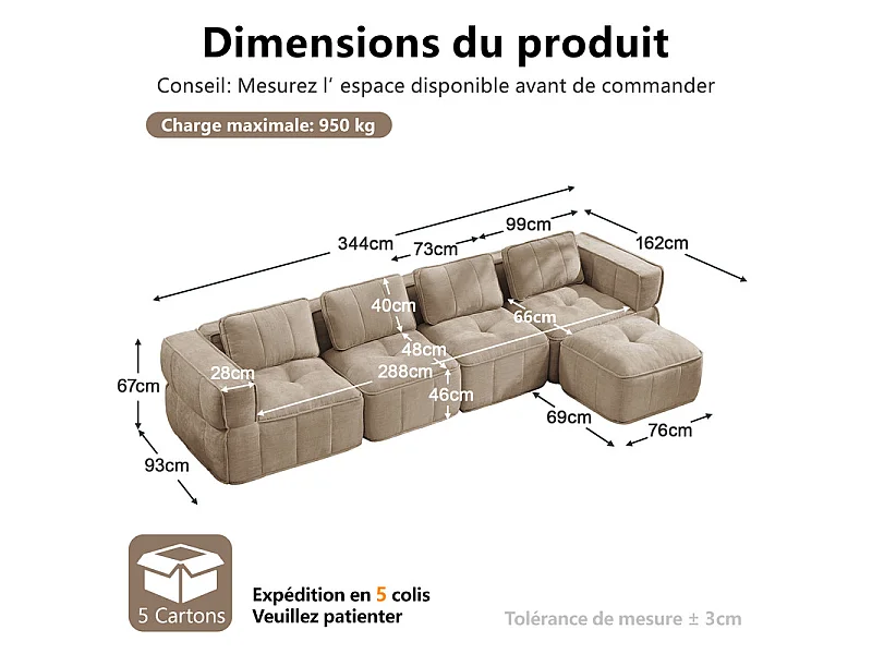 Sofá esquinero modular en tela, 4 plazas, con puf, 344x162x67cm, Marrón