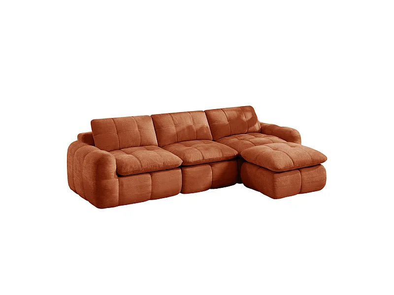 Sofá 3 plazas esquinero modular en tela chenilla, con puf, 264x160x68cm, Naranja