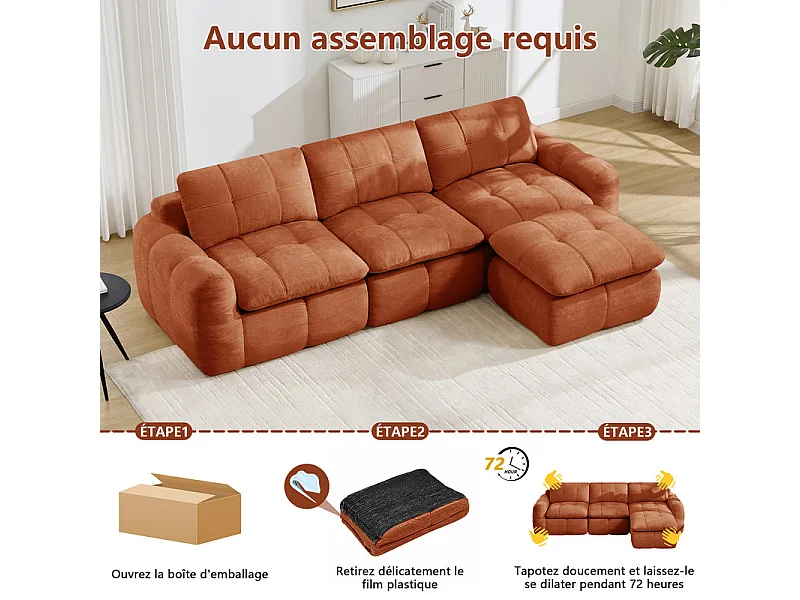 Sofá 3 plazas esquinero modular en tela chenilla, con puf, 264x160x68cm, Naranja