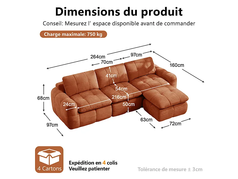 Sofá 3 plazas esquinero modular en tela chenilla, con puf, 264x160x68cm, Naranja