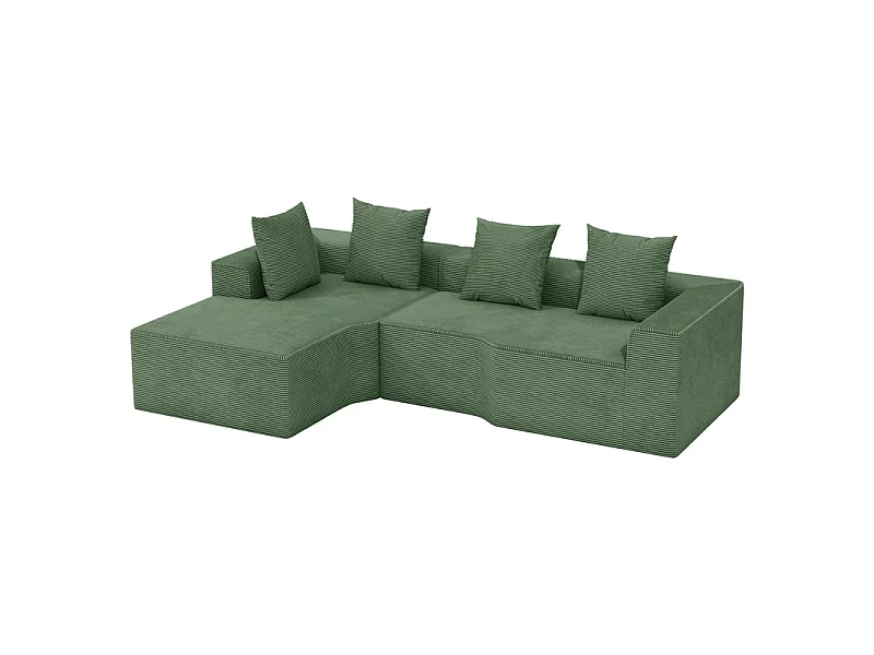 Canapé d'angle gauche modulable, velours côtelé, avec 4 oreillers et méridienne, 270x152x59cm, Vert