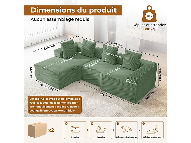 Canapé d'angle gauche modulable, velours côtelé, avec 4 oreillers et méridienne, 270x152x59cm, Vert