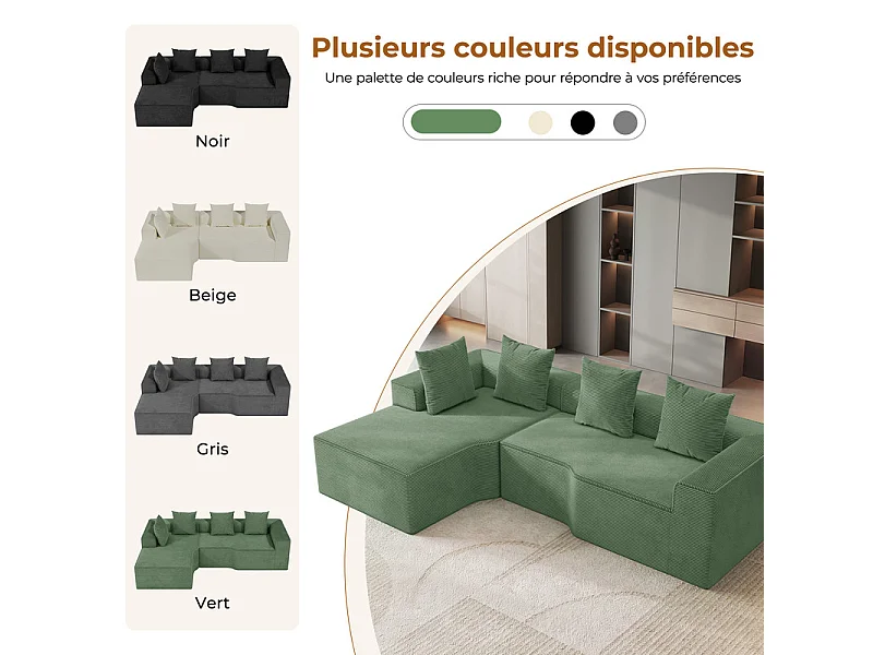 Canapé d'angle gauche modulable, velours côtelé, avec 4 oreillers et méridienne, 270x152x59cm, Vert