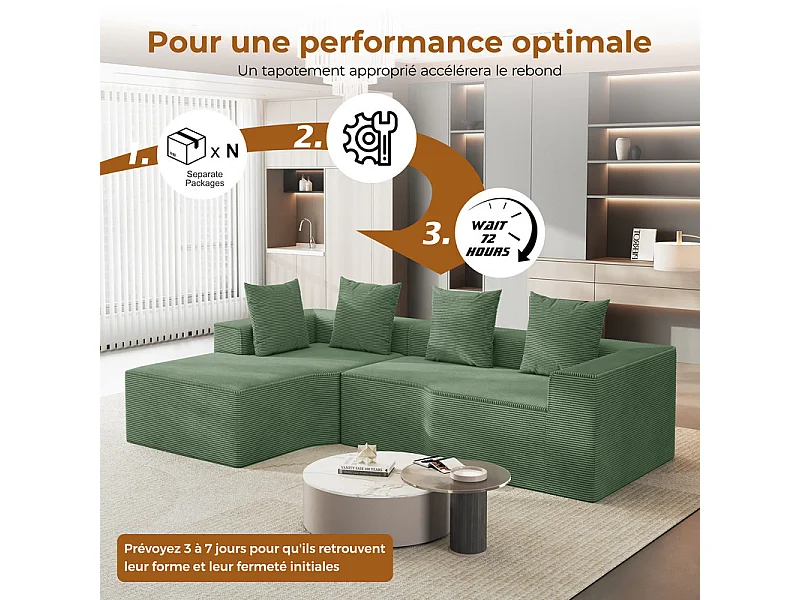 Canapé d'angle gauche modulable, velours côtelé, avec 4 oreillers et méridienne, 270x152x59cm, Vert