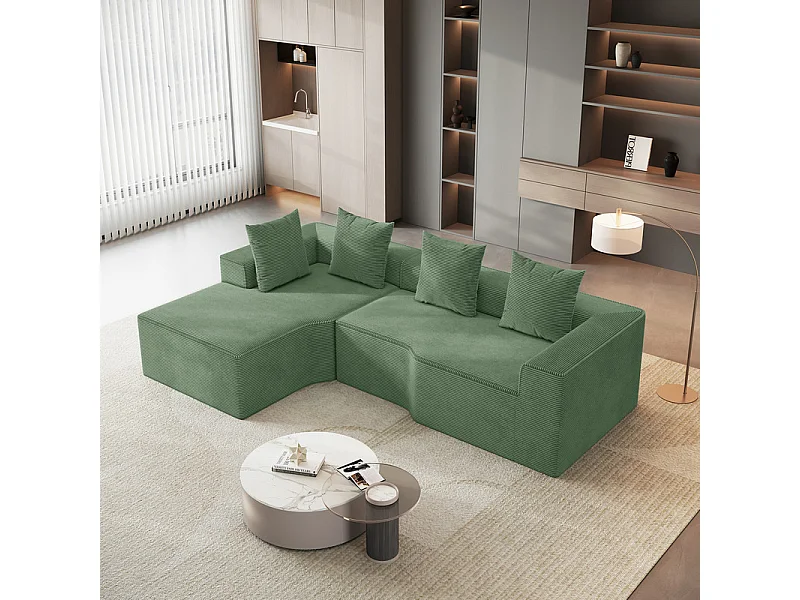 Canapé d'angle gauche modulable, velours côtelé, avec 4 oreillers et méridienne, 270x152x59cm, Vert